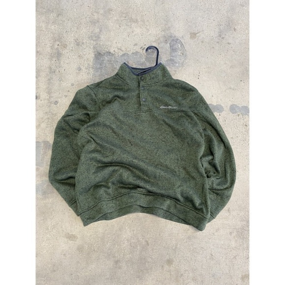Eddie Bauer Sweater Mens Large Green Fleece Pullover‎ Snap Button Outdoors Warm